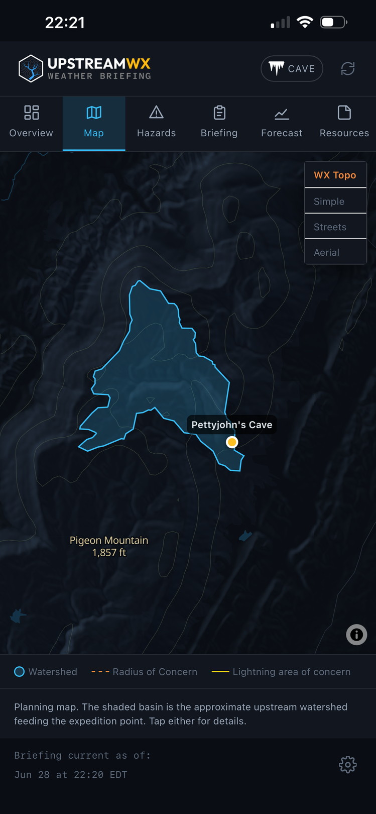 UpstreamWX map view showing the upstream watershed for Pettyjohn's Cave on a dark topo basemap